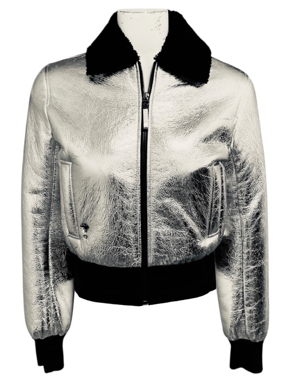 CHRISTIAN DIOR SILVER METALLIC / BLACK LAMB SHEARLING LINED CRINKLED LAMBSKIN LE